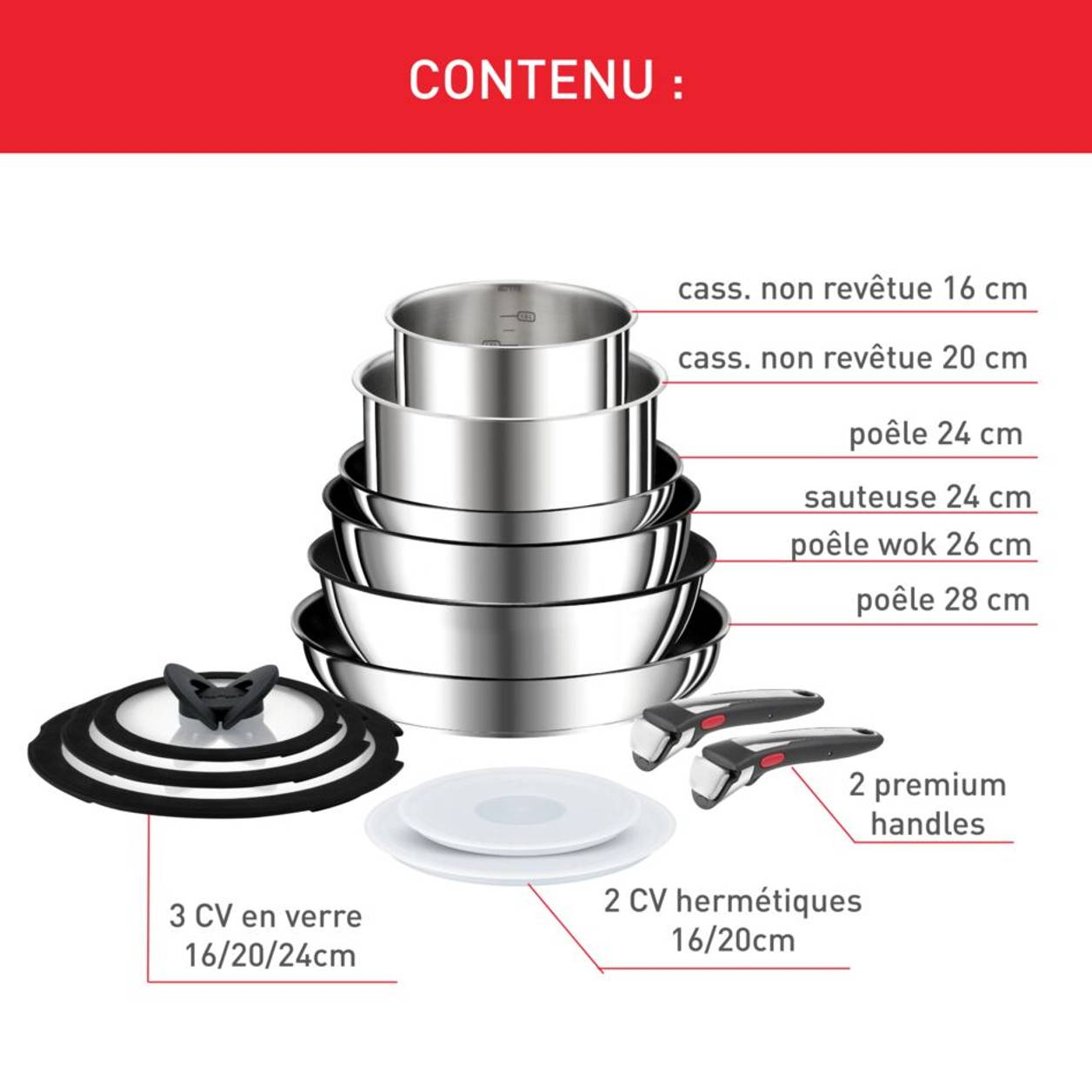 Ingenio Préférence, Inox + antiadhésif, Batterie de cuisine 13 pièces, Induction